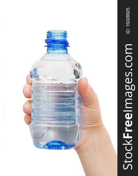 Hand with bottle of water isolated on white background