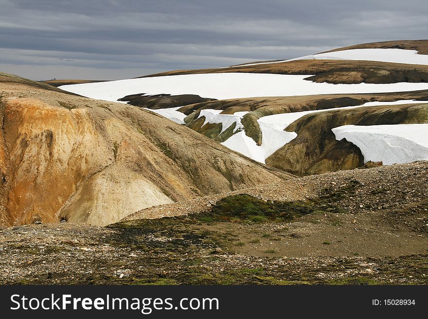 Multicolored rhyolite mountains in Landmannalaugar region near Hekla volcano in southwest Iceland
