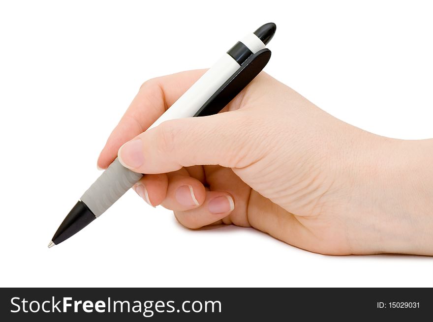 Pen in woman hand isolated on white background. Pen in woman hand isolated on white background