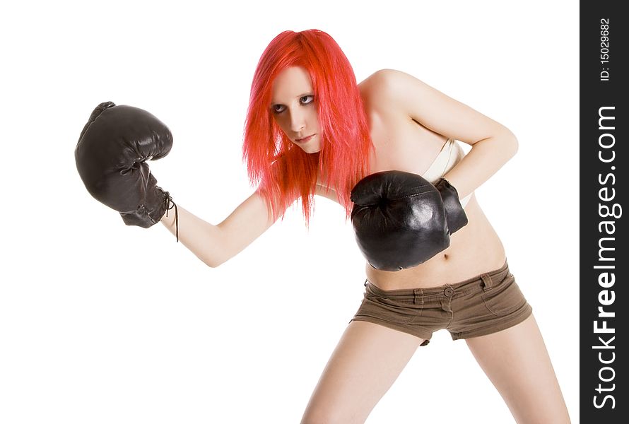 Red-hair girl kick boxer kicked in anger shouting. Red-hair girl kick boxer kicked in anger shouting