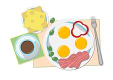 Illustration A  A Tasty Breakfast In Gentle Tones Coffee, Fried Eggs, Sandwich On Plates And Napkins On A White Background Stock Photos
