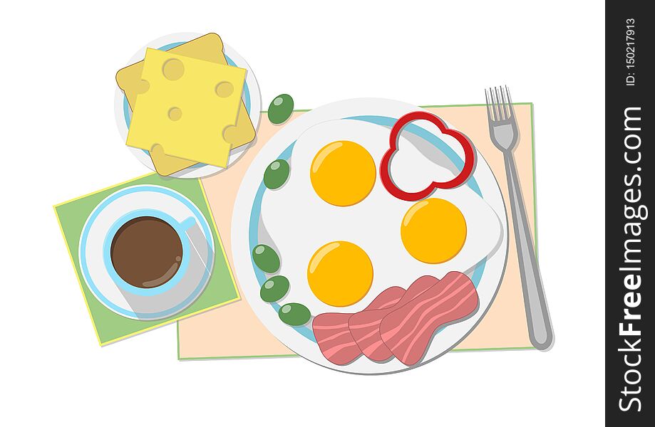 Illustration a a tasty breakfast in gentle tones coffee, fried eggs, sandwich on plates and napkins on a white background.