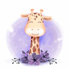 Cute Giraffe Portrait Smile With Floral Stock Photo
