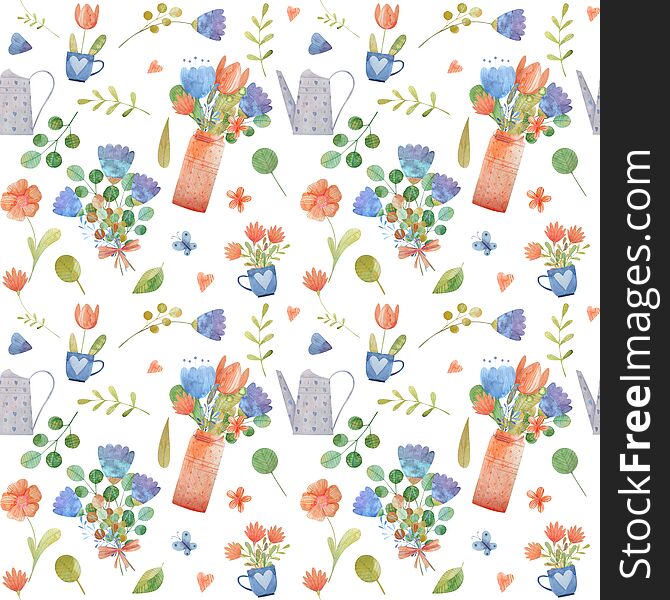 Seamless pattern with cute watercolor illustration of stylized flowers.