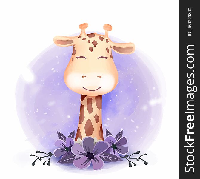 Cute Giraffe Portrait Smile With Floral