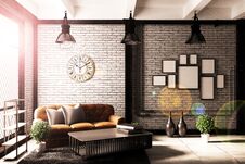 Modern Loft Living Room Interior With Sofa And Green Plants,lamp,table On Brick Wall Background. 3d Rendering. - Illustration Stock Image Modern Loft Living Room Interior With Sofa And Green Plants,lamp,table On Brick Wall Background. 3d Rendering. - Illustration Stock Image