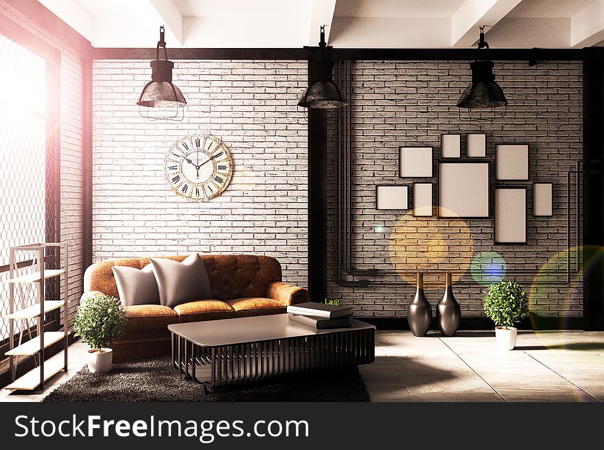 Modern Loft living room interior with sofa and green plants,lamp,table on brick wall background. 3d rendering. - Illustration