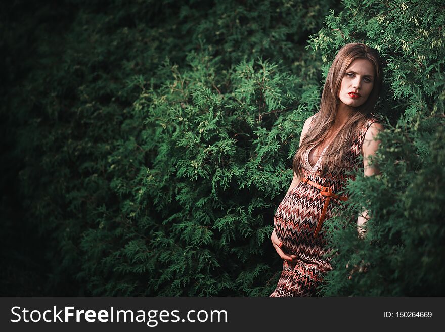 Young pregnant woman in the park outdoors. Calm pregnant woman in third trimester. Walking in public garden. Trees in