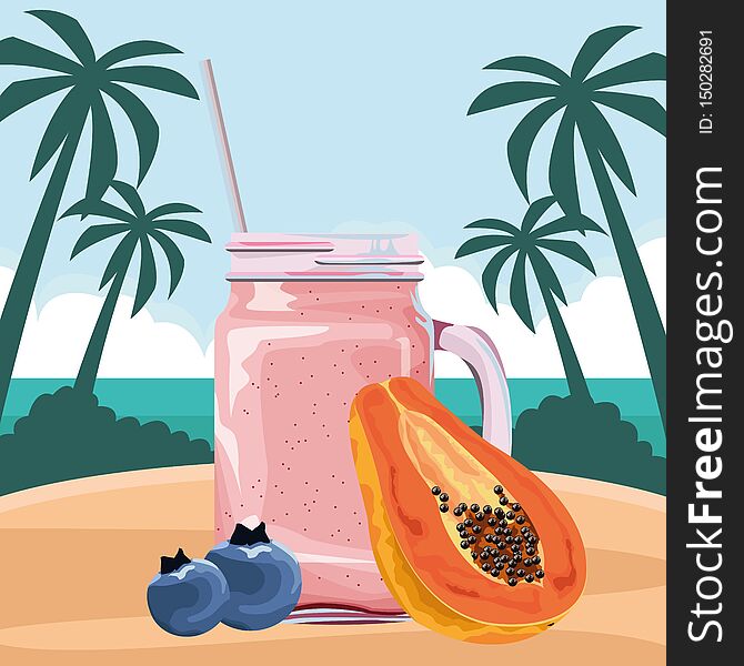 Tropical fruit and smoothie drink with papaya and bluberries icon cartoon over the beach with seascape vector illustration graphic design