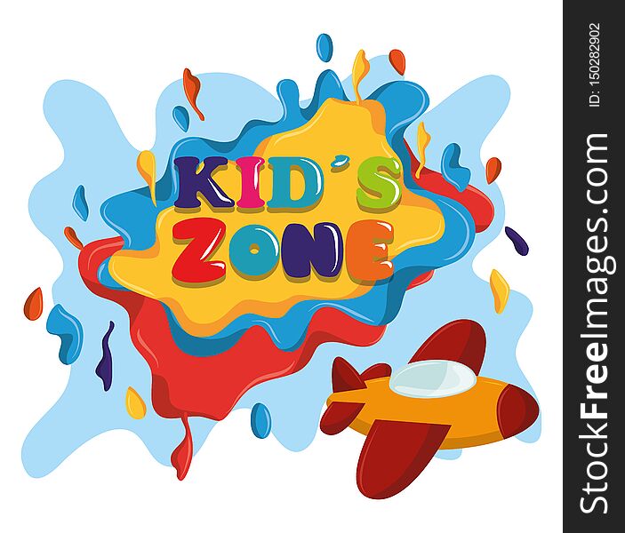 Kids zone colorful sign with plane children entertaiment icon cartoon vector illustration graphic design. Kids zone colorful sign with plane children entertaiment icon cartoon vector illustration graphic design