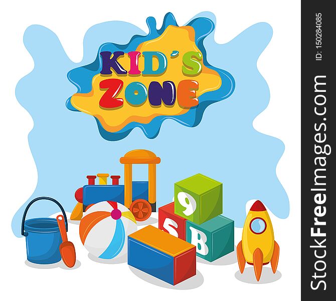 Kids zone children entertaiment with toys, train, sand bucket,ball and rocket below a sign icon cartoon vector illustration graphic design. Kids zone children entertaiment with toys, train, sand bucket,ball and rocket below a sign icon cartoon vector illustration graphic design