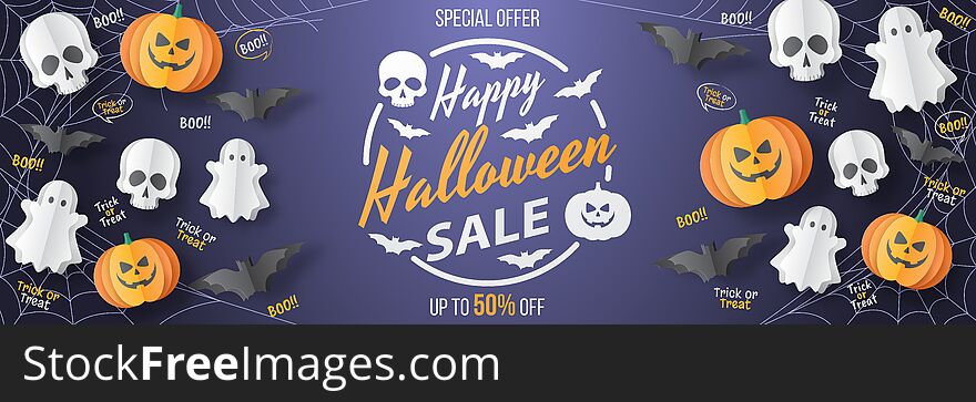 Happy Halloween sale  banner. Paper cut style. Vector illusration