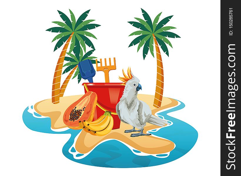 Summer beach and vacation with sand bucket with slove and rake toys, cockatoo and tropical fruit icon cartoon over the sand with palms vector illustration graphic design. Summer beach and vacation with sand bucket with slove and rake toys, cockatoo and tropical fruit icon cartoon over the sand with palms vector illustration graphic design