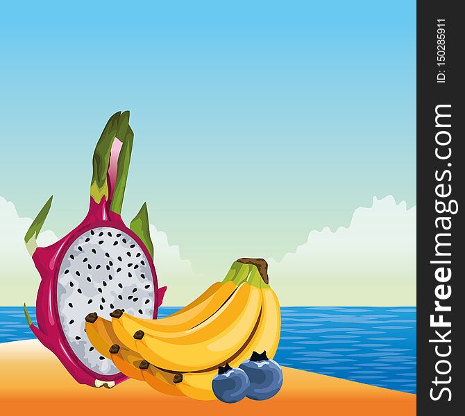 Exotic tropical fruit with banana cluster, pitahaya and bluberries icon cartoon over the beach with seascape vector illustration graphic design. Exotic tropical fruit with banana cluster, pitahaya and bluberries icon cartoon over the beach with seascape vector illustration graphic design