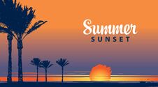 Summer Tropical Banner With Palms At Sunset Royalty Free Stock Images