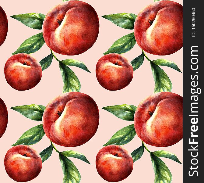 Peach macro fruit with leaves. Tropical nectarine wallpaper, juicy organic food pattern. Vitamin textile cover. Surface background