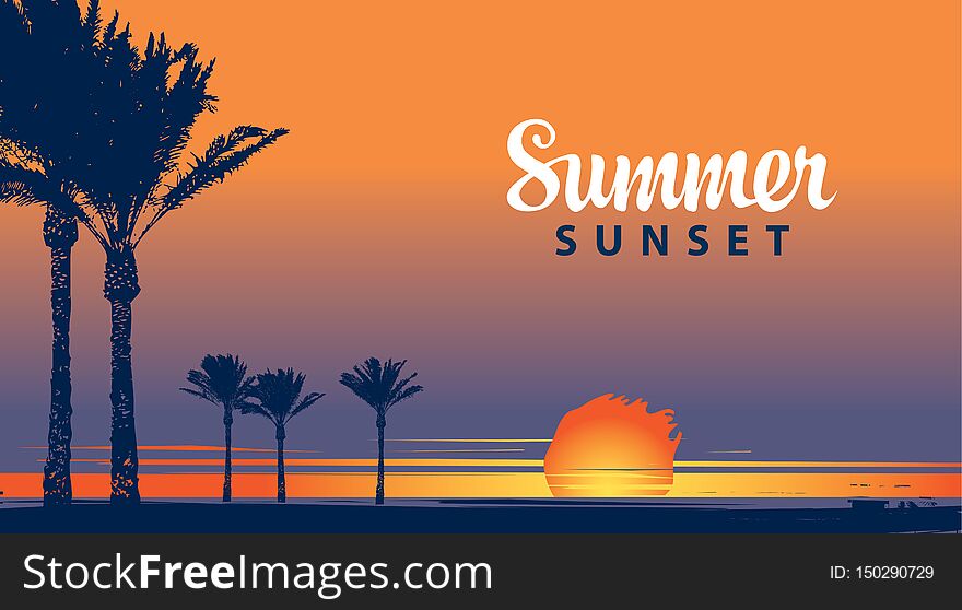 Vector travel banner with tropical seascape and words Summer sunset. Silhouettes of palm trees at sundown. Summer poster, flyer, invitation, card, background. Vector travel banner with tropical seascape and words Summer sunset. Silhouettes of palm trees at sundown. Summer poster, flyer, invitation, card, background