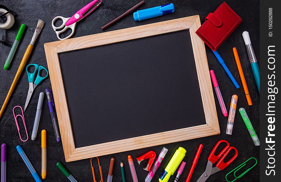 School office supplies on a desk with copy space. Back to school concept