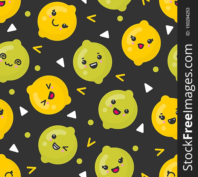 Cute Smiling Lemon And Lime Fruits, Vector Seamless Pattern On Dark Background