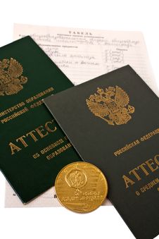 Two Diplomas  And A Gold Medal Royalty Free Stock Photography