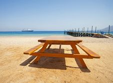 View From A Tropical Beach With Picnic Table Stock Image View From A Tropical Beach With Picnic Table Stock Image