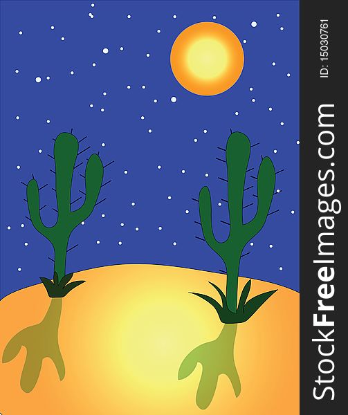 Cactuses in desert in the night.Moon sky. Cactuses in desert in the night.Moon sky