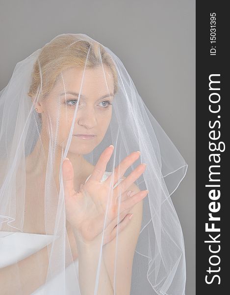 Young beautiful bride covered in veil. gray background