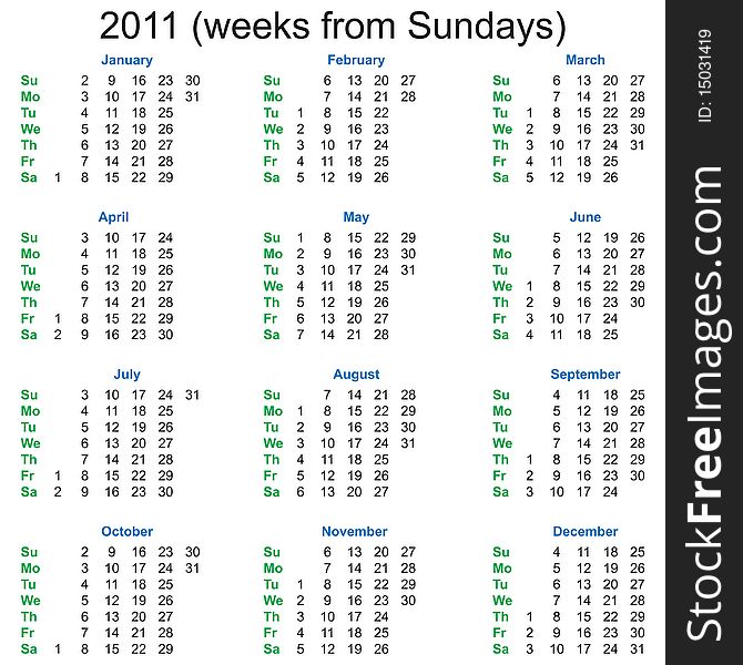 2011 Calendar of twelve months. Weeks begin from Sundays. 2011 Calendar of twelve months. Weeks begin from Sundays