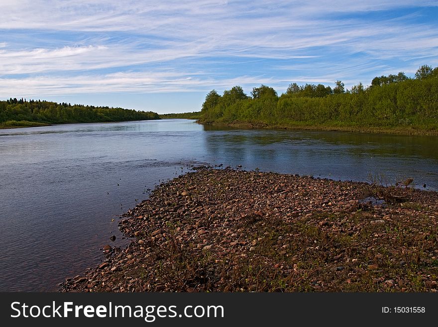 River of Tersky coast of Kola peninsula june sunny day. River of Tersky coast of Kola peninsula june sunny day