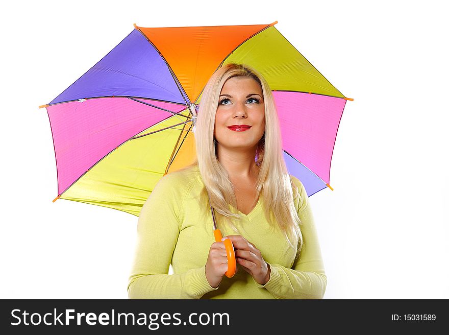 Portrait of pretty autumn woman standing under umbrella. white background