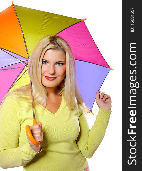 Portrait of pretty autumn woman standing under umbrella. white background
