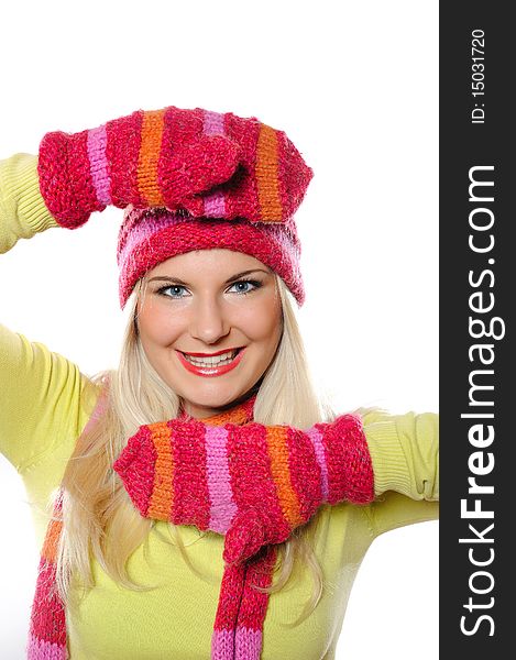 Pretty Funny Winter Woman In Hat And Gloves