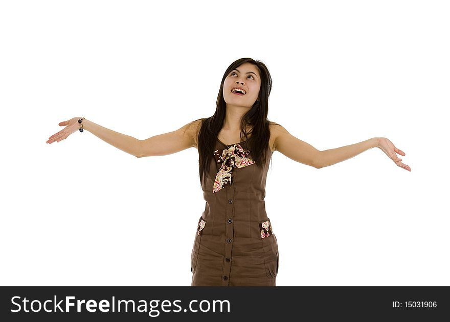 Happy young asian woman with arms outstreched looking up, isolated on white background. Happy young asian woman with arms outstreched looking up, isolated on white background