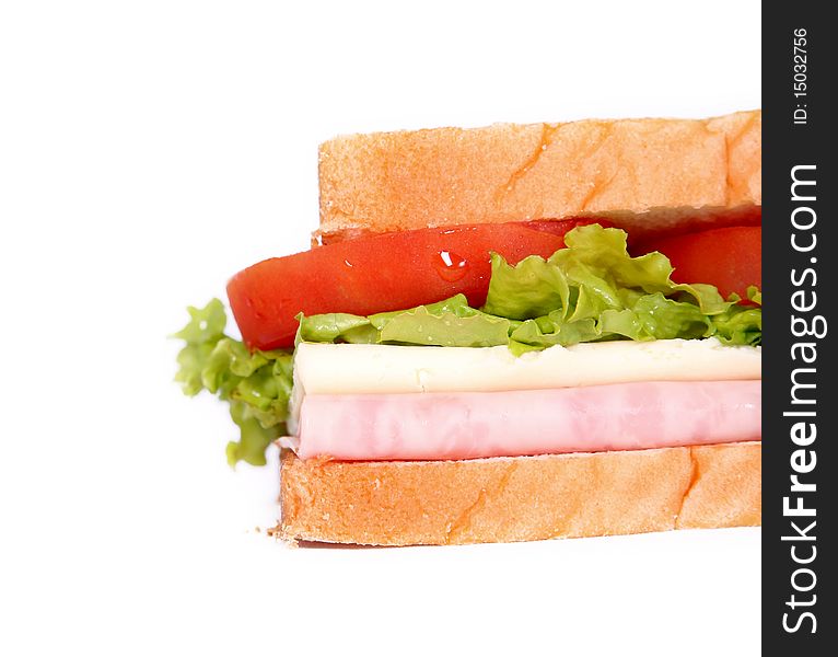 Sandwich with ham, lettuce and cheese on white background. close-up. Sandwich with ham, lettuce and cheese on white background. close-up