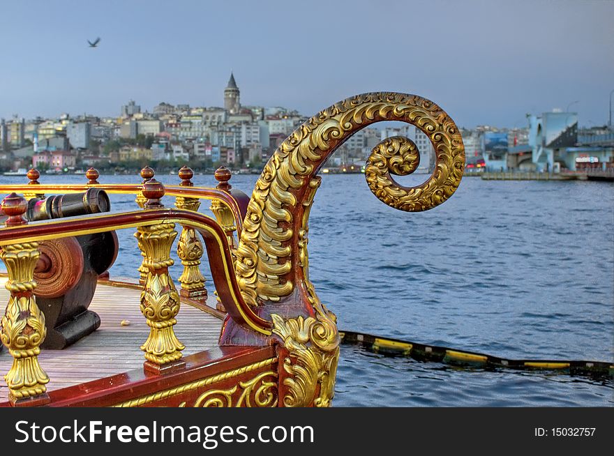 Galata Tower and Ferry cruising harbor, Istanbul, Turkey