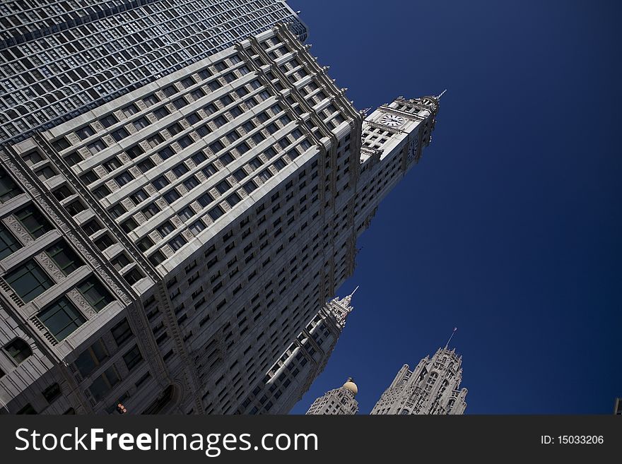 Skyscraper in the city of Chicago, view from the bottom of the building. Skyscraper in the city of Chicago, view from the bottom of the building