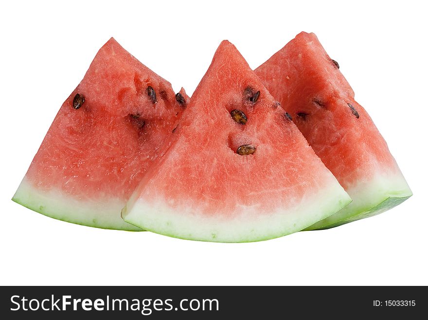 Three segments of the red watermelon on white background