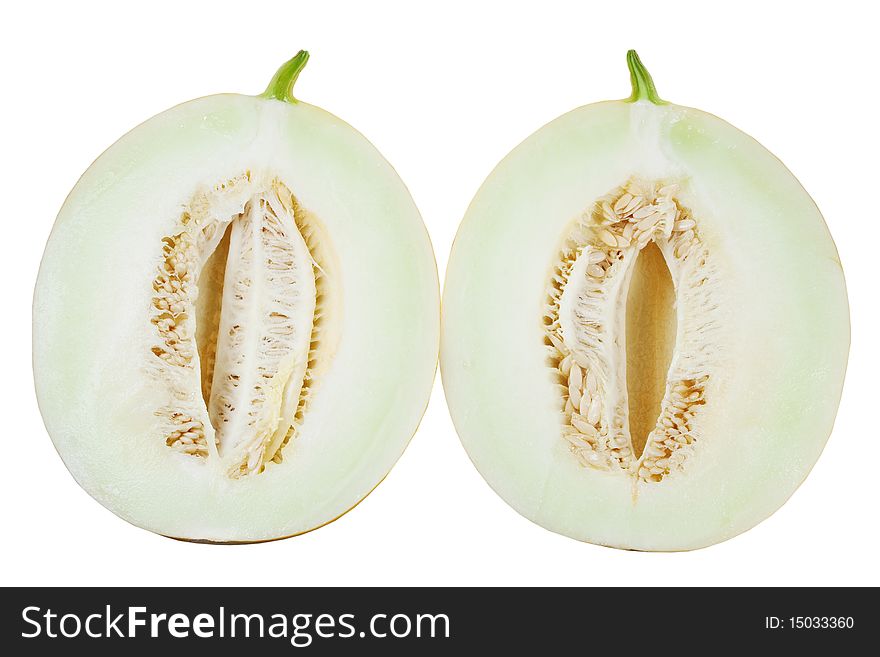 Melon cut on white background fifty-fifty