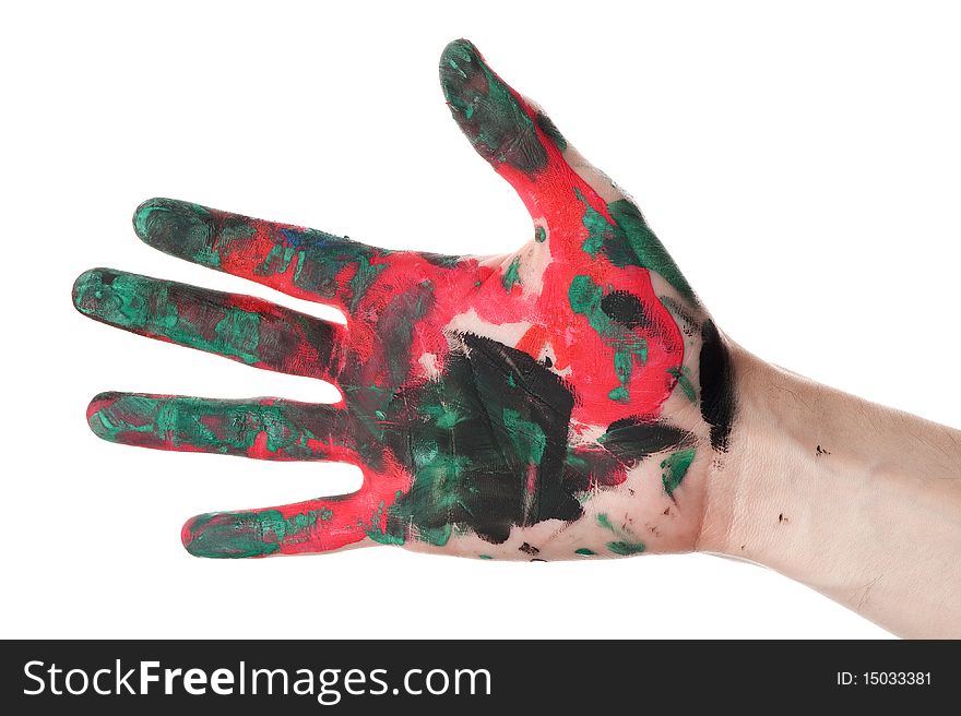 Close up of hands painted with watercolors isolated on white background