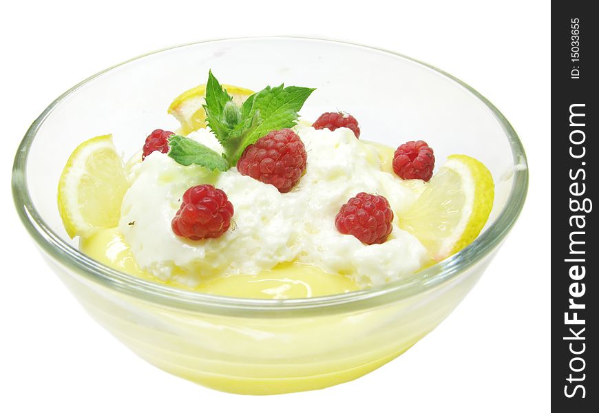 Pudding dessert with fresh raspberry and lemon. Pudding dessert with fresh raspberry and lemon