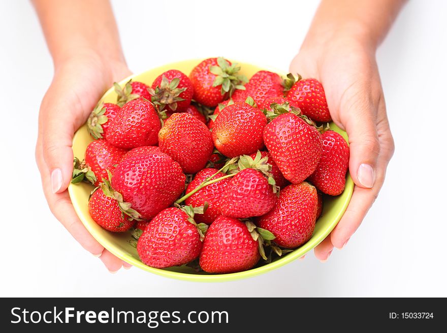 Crockery With Strawberries In Woman Hands.