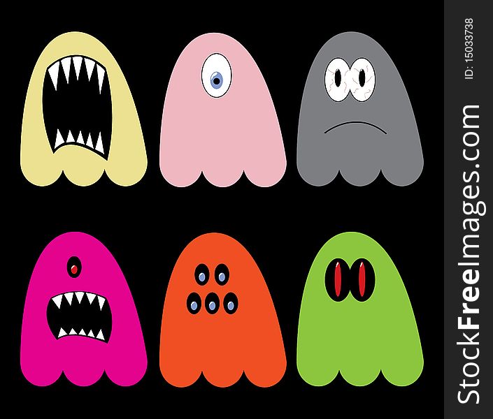 Collection of colorful ghosts in different styles, with fangs, single-eyed, multi eyed