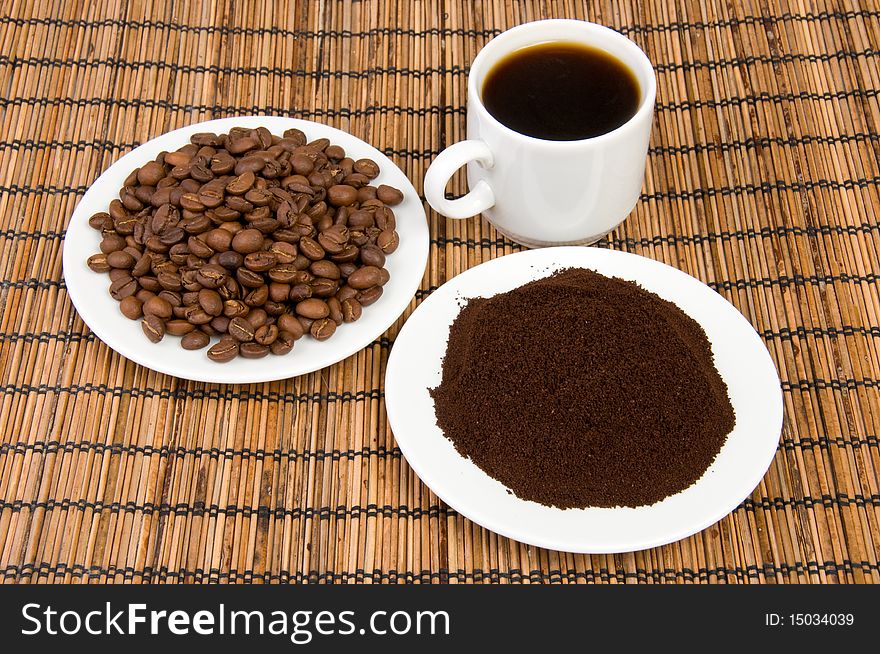 Cup, roasted beans and ground coffee. Cup, roasted beans and ground coffee