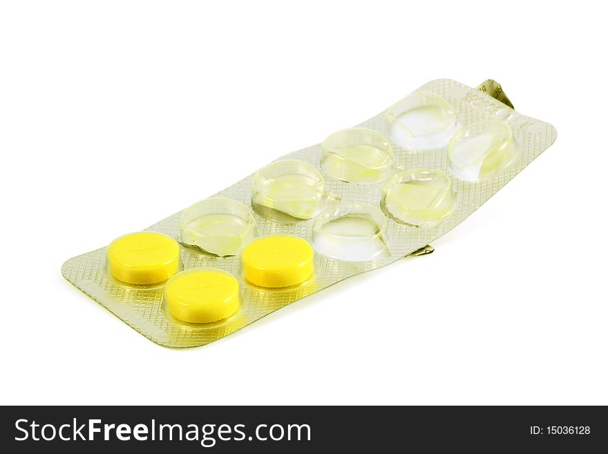 Medical pills in blister on white background, with clipping path