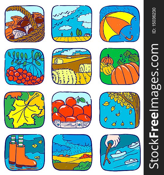 Doodle autumn icons set,  illustration. Doodle autumn icons set,  illustration