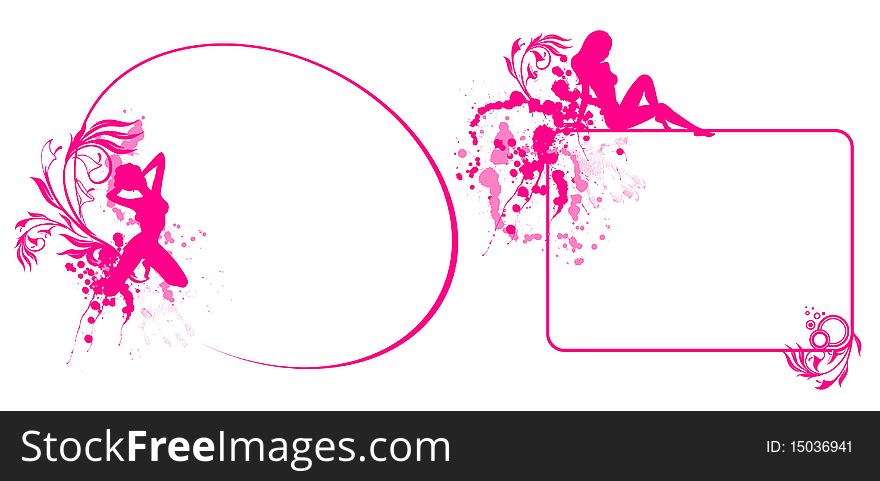 Set of grunge floral abstract banners with blots and silhouette of girl