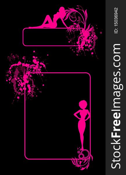 Set of grunge floral abstract banners with blots and silhouette of girl