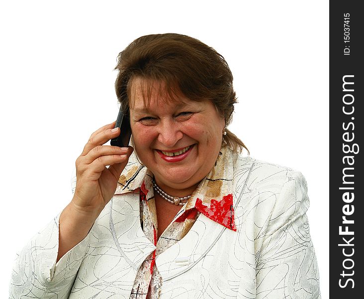 Business woman calling by phone isolated on white