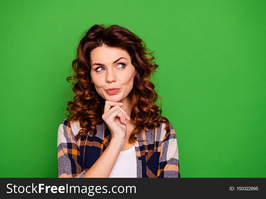 Close up photo of charming intelligent inspired lady youth choose decide solve have options touch chin hands thoughts look pretty cute wear plaid clothing, isolated on bright background