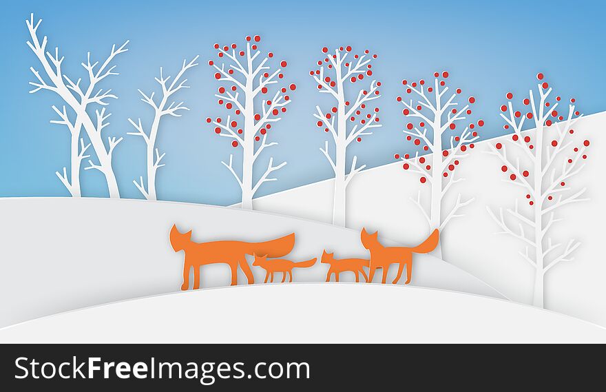 Winter landscape with red fox family and tree, paper art style. Winter landscape with red fox family and tree, paper art style